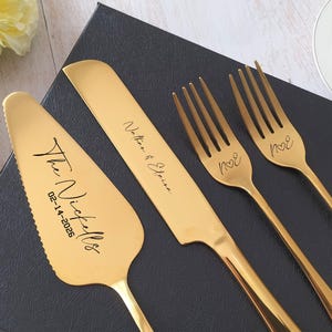 Custom Wedding Cake Knife Server & Forks Set, Personlized Gift for Couples