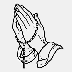 Puede incluir: Ilustración en blanco y negro de manos juntas en oración, sosteniendo un rosario con un colgante de cruz. La imagen es un dibujo lineal simple, con las manos y las cuentas del rosario claramente definidas sobre un fondo liso. Se ven las mangas de una prenda.