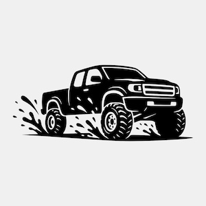 Könnte beinhalten: Schwarz-Weiß-Illustration eines Geländewagens, der durch Wasser fährt. Der Truck hat große Reifen und ein robustes Design, das Abenteuer und Outdoor-Aktivitäten suggeriert.