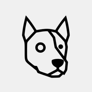 May include: A minimalist black and white graphic of a dog's head. The design features geometric shapes to outline the dog's face, ears, and snout. One eye is a solid black circle, and the other is a small black dot.
