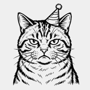 May include: A black and white illustration of a grumpy cat wearing a party hat. The cat has a striped pattern and a stern expression. The party hat is striped with a pom-pom on top. The image is a simple, line-art style.