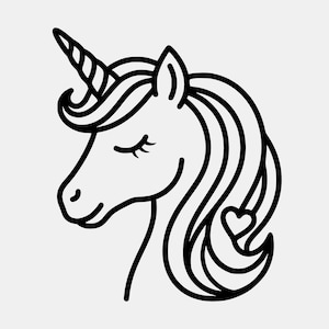 Könnte beinhalten: Schwarz-weiße Strichzeichnung eines Einhornkopfes. Das Einhorn hat ein spiralförmiges Horn, geschlossene Augen und eine fließende Mähne mit einem Herzdetail. Das Design ist einfach und elegant, geeignet für verschiedene Anwendungen.
