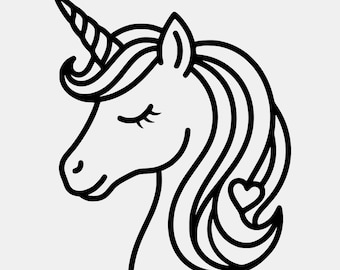 Arte lineal minimalista de cabeza de unicornio: archivo de corte de melena en forma de corazón (SVG, PNG)