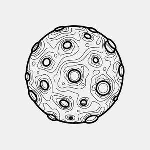 Puede incluir: Ilustración en blanco y negro de un cuerpo celeste, posiblemente un planeta o una luna. La superficie está detallada con cráteres y líneas de contorno, creando una apariencia texturizada. El diseño es circular y sobre un fondo liso.