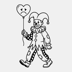 Puede incluir: Ilustración en blanco y negro de un payaso triste caminando, sosteniendo un globo con forma de corazón con una cara de enfado. El payaso lleva un gorro de bufón, un cuello con volantes y un traje con estampado de diamantes.