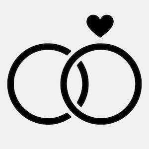 Op de afbeelding: Zwarte afbeelding van twee in elkaar grijpende ringen met een hart erboven. De ringen zijn dik en cirkelvormig, symboliseren eenheid en liefde. Het effen hart voegt een vleugje romantiek toe. Perfect voor producten met een bruiloftthema.