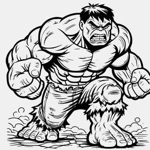 Puede incluir: Ilustración en blanco y negro de Hulk, un superhéroe musculoso, en una postura poderosa. Hulk se representa con una expresión severa, pantalones rasgados y grandes puños, listo para la acción. La imagen es una representación gráfica audaz del personaje icónico.