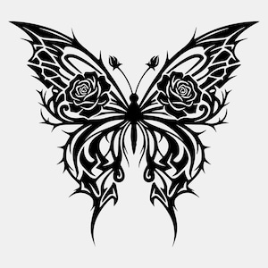 May include: A black butterfly design with intricate details, including roses and thorn-like elements. The wings have a detailed pattern, and the overall design is symmetrical. The image is on a plain white background.