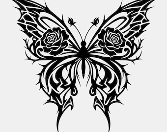 Gothic Butterfly SVG, Rose Line Art, Tattoo Design, Instant Download Clipart, Cricut Compatible