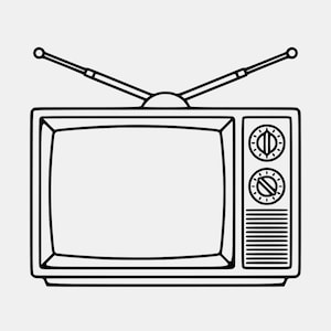 May include: A black and white line drawing of a vintage television set. The TV has a rectangular screen, two knobs, and two antennas. The design is simple and retro, perfect for a vintage or retro-themed project.
