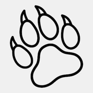 Puede incluir: Un contorno negro de una huella de oso. La huella tiene cinco almohadillas ovaladas y garras afiladas. El diseño es simple y gráfico, adecuado para diversas aplicaciones.