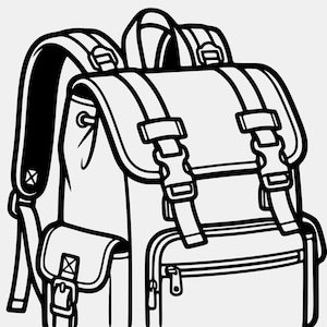 Könnte beinhalten: Schwarz-Weiß-Illustration eines Rucksacks. Der Rucksack hat verstellbare Schultergurte, einen oberen Griff und mehrere Fächer. Er verfügt über einen Klappenverschluss mit zwei Schnallen und eine Reißverschlusstasche vorne. Das Design ist mit dicken schwarzen Linien umrandet.
