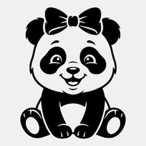 以下が含まれることがあります： 大きなリボンを頭につけた、笑顔のパンダの白黒イラスト。パンダは目と耳の周りに黒い模様があります。パンダは座っており、足が見えます。