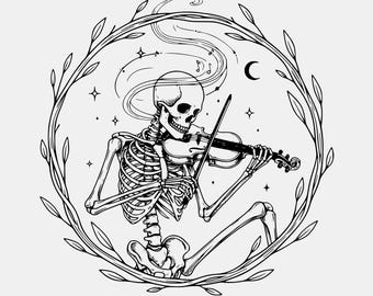 Skeleton Violinist Line Art SVG | Spooky Skeleton Clipart for Halloween & Gothic Decor