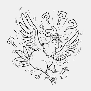 Puede incluir: Ilustración de dibujos animados en blanco y negro de un pollo con las alas extendidas y la boca abierta de sorpresa. Signos de interrogación rodean al pollo, lo que sugiere confusión. Los ojos del pollo son en espiral.