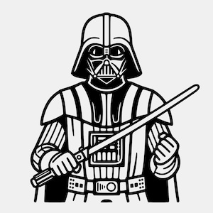 May include: Black and white illustration of Darth Vader holding a lightsaber. The character is depicted in his iconic helmet and armor, with a detailed belt and chest plate. The lightsaber is extended, suggesting action.