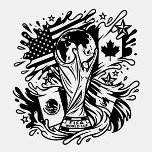 Może przedstawiać: Czarno-biała grafika przedstawiająca puchar Mistrzostw Świata FIFA, globus i flagi USA, Kanady i Meksyku. Projekt zawiera gwiazdy i elementy rozprysków wody, z napisem "FIFA WORLD CUP" u podstawy trofeum.