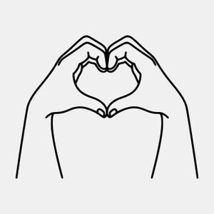 May include: A black line drawing of two hands forming a heart shape. The fingers of both hands meet at the top, with the thumbs and the rest of the fingers forming the heart's outline against a white background.