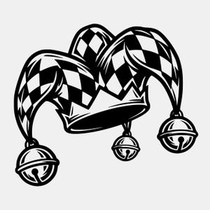 May include: Black and white jester hat with a checkered pattern on the crown and three bell-shaped ornaments hanging from the tips. The hat has a jagged edge at the base.