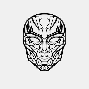 Op de afbeelding: Een zwart-witte grafische illustratie van een menselijk gezichtsmasker met gedurfde, hoekige lijnen en geometrische patronen. Het ontwerp bestaat uit dikke zwarte contouren op een witte achtergrond, wat een gestileerd, gesegmenteerd uiterlijk creëert.