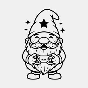May include: A black and white illustration of a gnome holding a video game controller. The gnome has a long beard, a star on its hat, and is surrounded by stars. The gnome is smiling.
