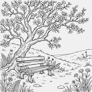 Puede incluir: Una ilustración de arte lineal en blanco y negro de un banco de parque de madera situado bajo un gran cerezo en flor. La escena incluye dibujos detallados de helechos, pequeñas flores silvestres, rocas dispersas y hierba en un prado.