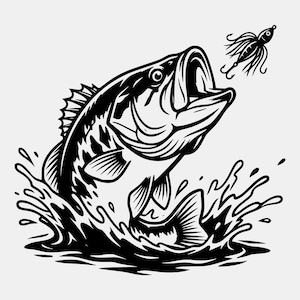 Op de afbeelding: Zwart-wit illustratie van een largemouth bass die uit het water springt naar een vislokmiddel. De vis is gedetailleerd met schubben en vinnen, en het lokmiddel is een jig met een haak. Water spettert rond de vis.