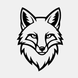 May include: A black and white illustration of a fox's head. The fox is depicted in a minimalist style, with clean lines defining its features, including pointed ears, a triangular nose, and a fluffy chin.