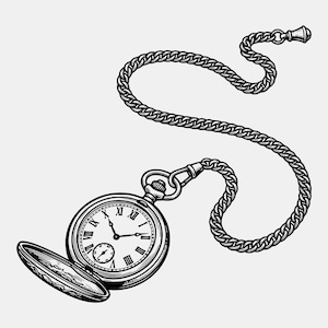 May include: Black and white illustration of a pocket watch with an open face, revealing Roman numerals and hands indicating the time. A chain is attached, curving gracefully. The watch's cover is open, showing intricate details.
