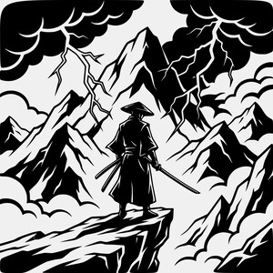 Samurái Mountain Storm SVG, Arte dramático de guerrero relámpago, Impresión digital en blanco y negro