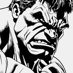 Puede incluir: Ilustración en blanco y negro del rostro de Hulk, mostrando su expresión de enfado. La obra de arte enfatiza el ceño fruncido, los dientes apretados y la mirada intensa del personaje, capturando su poderosa y enfurecida actitud.