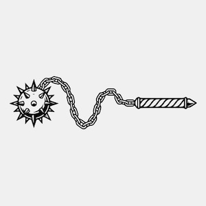 Può includere: Un'illustrazione grafica in bianco e nero di un flagello d'armi. Il design presenta una sfera chiodata collegata a una lunga catena di metallo, che si connette a un manico cilindrico con un motivo a strisce diagonali e un'estremità appuntita.