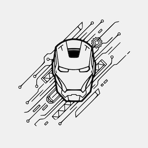 Könnte beinhalten: Schwarz-weiße Strichzeichnung eines Iron Man-Helms, eingebettet in ein Design aus Leiterplattenlinien und einem Zahnrad. Das geometrische Design stellt die ikonische Maske des Superhelden dar.