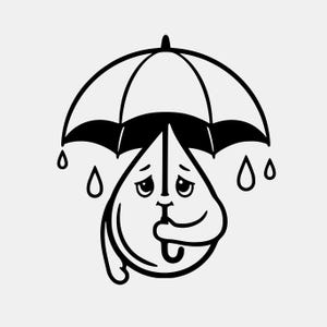May include: A black and white cartoon illustration of a teardrop character under an umbrella. The teardrop has a sad expression, with a downturned mouth and furrowed eyebrows. Raindrops are falling around the umbrella.
