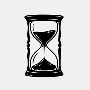 May include: Black and white illustration of an hourglass. The hourglass is filled with black sand, with the sand flowing from the top to the bottom. The hourglass has a decorative top and bottom, and is supported by two vertical columns.