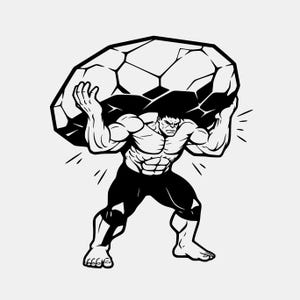 May include: Black and white illustration of a muscular figure lifting a large, geometric rock overhead. The figure is in a powerful stance, with defined muscles and a determined expression. The image is a bold, graphic design.