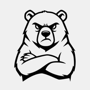 Puede incluir: Ilustración en blanco y negro de un oso con expresión seria. El oso tiene los brazos cruzados y el ceño fruncido, lo que sugiere fuerza y determinación. El diseño es simple y llamativo, adecuado para diversas aplicaciones.
