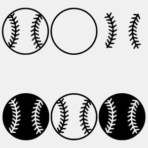 Può includere: Grafica a tema baseball in bianco e nero. L'immagine include palline da baseball con cuciture, un contorno di baseball ed elementi di cucitura. Le palline sono presentate in bianco e nero per la flessibilità del design.