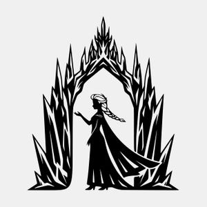 May include: Black silhouette of a woman with a long braid and flowing cape, standing in front of a stylized ice castle archway. The image is a minimalist design, with sharp, angular details.