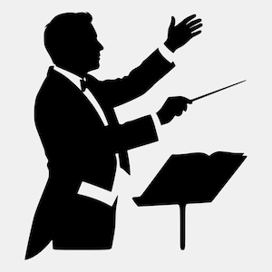 Könnte beinhalten: Eine schwarze Silhouette eines Dirigenten im Smoking mit Fliege. Die Figur ist im Profil nach rechts dargestellt, ein Arm ist erhoben, die andere Hand hält einen dünnen Taktstock, der auf einen offenen Notenständer mit Notenblättern zeigt.