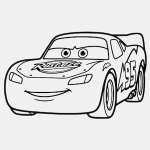 May include: Black and white line drawing of a cartoon race car. The car features large eyes, a smiling mouth, and the word "Rusteze" on the bonnet. The number "95" is displayed on the side.