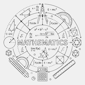 May include: Black and white illustration of mathematics concepts. The design includes geometric shapes, formulas, a compass, protractor, and a calculator. The word "MATHEMATICS" is prominently displayed in the center.
