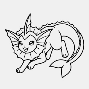 Może przedstawiać: Czarno-biała ilustracja liniowa Vaporeona, postaci z Pokémonów. Stworzenie ma koci korpus z rybim ogonem, dużymi uszami i falbankowym kołnierzem. Jest przedstawiony w zabawnej, przykucniętej pozie z uśmiechniętą miną.