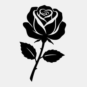 May include: A black and white graphic of a rose. The rose is fully bloomed with detailed petals and a stem with leaves. The image is a simple, elegant design, suitable for various applications.