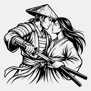May include: Black and white illustration of a samurai and a woman. The samurai, wearing traditional armor and a conical hat, holds a katana. The woman, in a kimono, holds two swords. They are looking at each other.