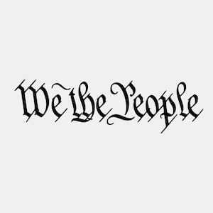 May include: Black text on a white background reads "We the People" in a decorative, gothic-style font. The phrase is centered and the letters have ornate flourishes.