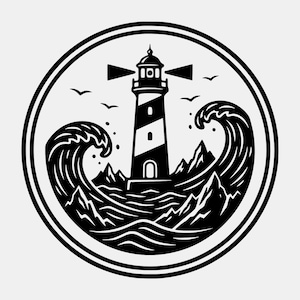 May include: Black and white circular graphic of a lighthouse with a striped tower, emitting light beams. The lighthouse is surrounded by crashing waves and rocky terrain, with birds flying above. The design is enclosed within a double-lined circle.