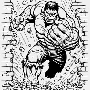 Puede incluir: Ilustración en blanco y negro de Hulk rompiendo una pared de ladrillos. Hulk, una figura musculosa con pantalones rasgados, se muestra con una expresión enfadada. Ladrillos rotos y escombros rodean al personaje.