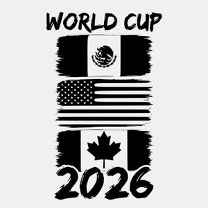 Peut inclure: Graphique noir et blanc avec le texte "WORLD CUP" au-dessus des drapeaux du Mexique, des États-Unis et du Canada. L'année "2026" est écrite en dessous des drapeaux. Les drapeaux ont des bordures en coups de pinceau.