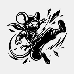 May include: Black and white illustration of a ninja mouse in action, kicking with one leg extended. The mouse is wearing a ninja outfit with a hood and mask. The image has dynamic lines suggesting movement and impact.